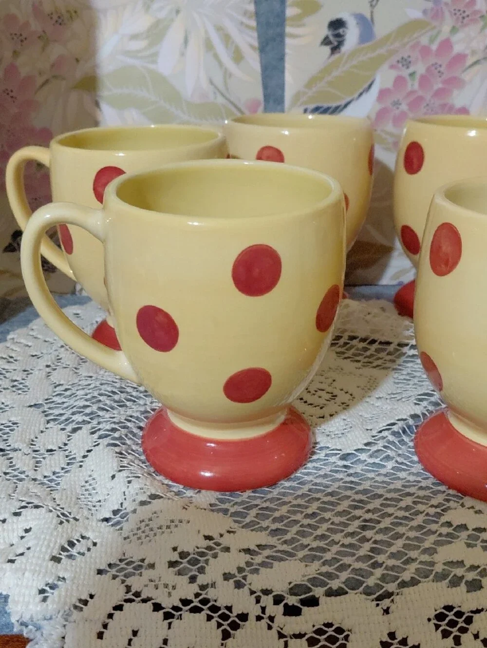 Set of 6 Yellow Ceramic Footed Mugs with Red Polka Dots